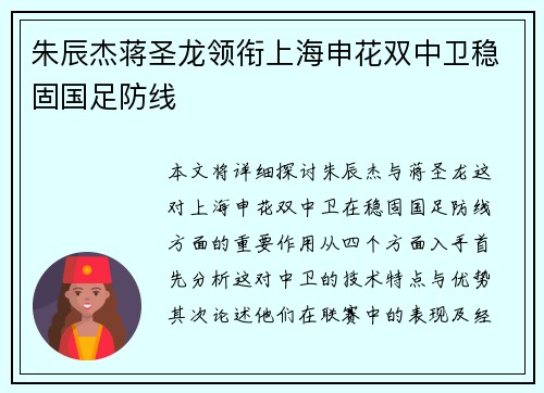 朱辰杰蒋圣龙领衔上海申花双中卫稳固国足防线